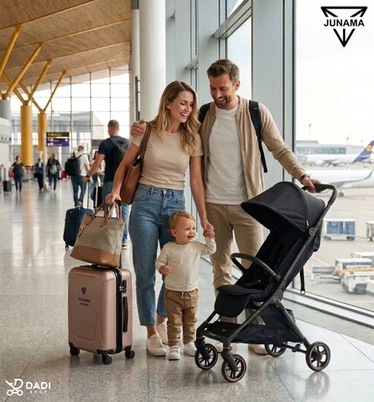 Rodzina podróżująca z dzieckiem i lekką spacerówką JUNAMA AVIATOR Carbon Black na lotnisku